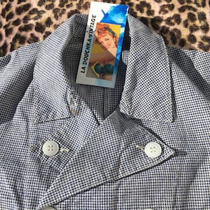 French 1930s Men Workwear BUTCHER JACKET ~ Double-Breasted ~ White and Blue Houndstooth Cotton ~ Made in Paris . France ~ Rare Vintage ~ XS
