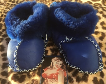 French Winter BABY CUFFED BOOTS ~ Blue Deerskin & Shearling Fur ~ Ankle Lace ~ Handmade ~ Adorable and Warm ~ Unworn Vintage ~ 2 years