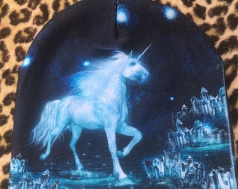 French 1990s Woman Blue Beanie / Ski / Skull Hat ~ Eye-Catcher UNICORN & CRYSTAL PLANET ~ Made in France ~ New / Unworn Vintage ~ S