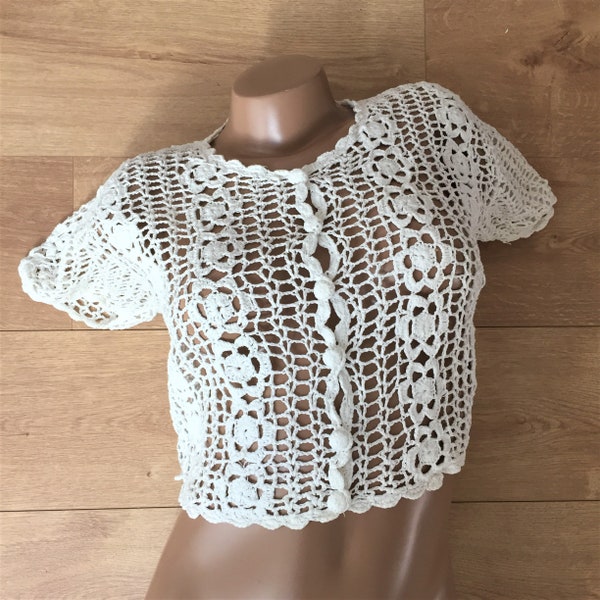French 1970s Woman Vintage Knit Crochet Bolero Top - White Cotton Open Work - Bohemian Hippie Festival Style - Made in France - New - M