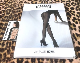 Wolford 1980s Women Black PANTYHOSE TIGHTS~ Knitted Seam & Decorative Side Pattern~Made in Austria~ Unworn Vintage in Original Packaging~ XS