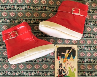 French 1960s Baby or Doll Boots - Groovy Red Vinyl & Velcro Closure - Adorable Vintage Accessory - New/Unused - 3/6 months