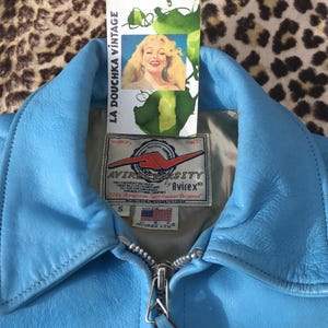 AVIREX 1980s Women JACKET & Patches ~ Iconic Bomber Style ~ Baby Blue Leather ~ Made in USA ~ Rare Vintage ~ S image 4