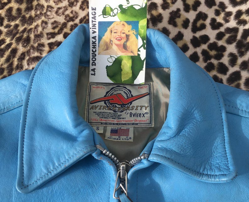 AVIREX 1980s Women JACKET & Patches ~ Iconic Bomber Style ~ Baby Blue Leather ~ Made in USA ~ Rare Vintage ~ S image 4