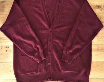 Pull cardigan tricoté à col en V pour homme vintage vintage - Laine d'agneau bordeaux élégante - Fabriqué en France - Neuf - XL