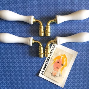 Maçanetas/puxadores de porta franceses vintage duplos em madeira branca - 2 pares - Design alongado em madeira branca - Fabricados na França - Novos/Sem uso