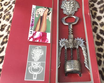 Ghidini 1980s Botticello STEEL WING CORKSCREW & Hook ~ Carved Grape Wine and Leaves ~ Silver Steel ~Made in Italy~ New in Box/Unused Vintage