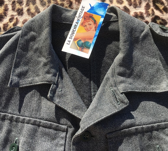 SWISS ARMY 1950s JACKET~ Gray and Black ~ Salt & Pepper Cotton Denim ~Inner Belt~ Wide Collar ~ Inner Field Dressing Pocket ~Mint Vintage~ L