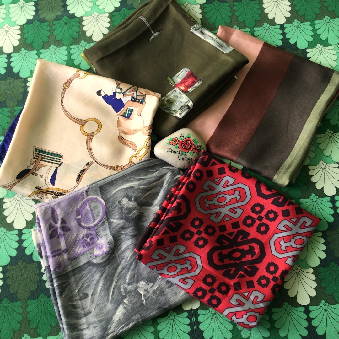 French Woman Vintage Pure Silk Chic Head Scarves - Lot of 5 - Different