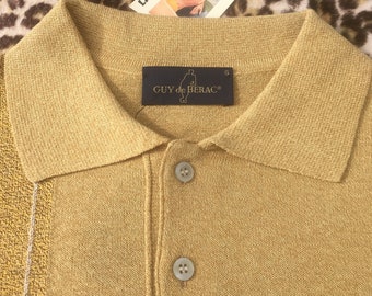 French Guy de Berac 1960s MEN POLO SHIRT Sweater ~ Eye-Catcher Yellow Knit ~ Flecked Design ~Made in France~ New & Tag : Unworn Vintage~3XL
