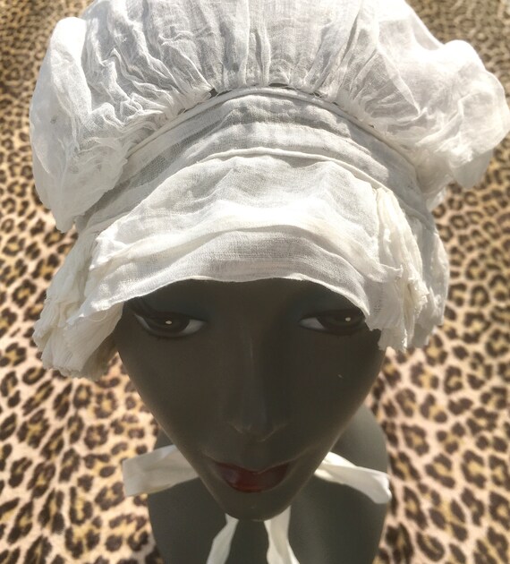 French Victorian 1800s Woman BONNET HAT~ Bridal White Sheer Cotton ~ Ruched Trims ~ Pleats Accents ~ Stunning Craftsmanship ~ New : Unworn
