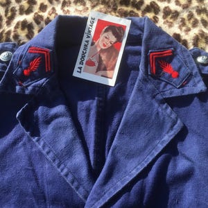 French 1930s Fireman FIREFIGHTER JACKET ~ Workwear / Uniform ~ Indigo Blue Cotton Canvas ~ Red Patches ~ Black Stitchings ~Made in France~ L