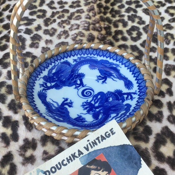 Japanese 1940s FIRE DRAGON TRAY with Carrying Handle ~ Wicker Rattan ~ White & Blue Porcelain ~ Handmade in Japan ~ Eye-Catcher Vintage