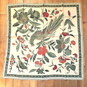French 1960s Women Vintage Square Silk Scarf - Peacock & Birds Design with Lovely Colours - Art Deco Style - Hand Rolled - New - 30 x 30