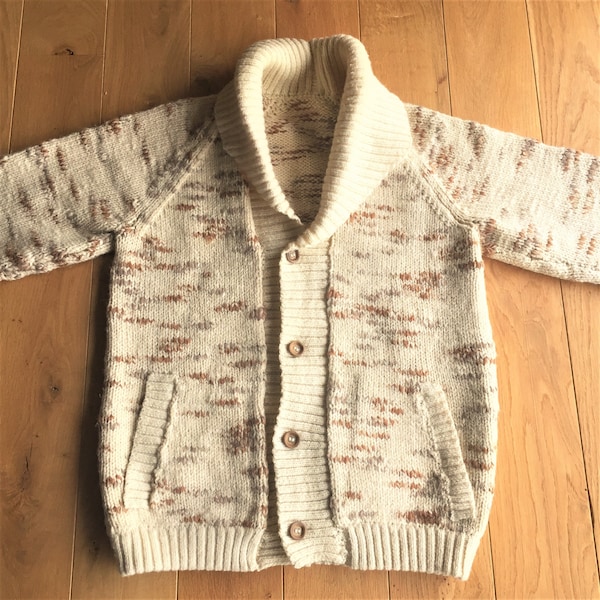 French Men Vtg Ivory Hand Knitted Cardigan Sweater with Wooden Buttons - Soft & Warm Flecked Wool - Big Lebowski Style - New from France - S