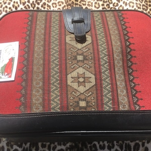 French 1960s TRAVEL LUGGAGE SUITCASE~ Eye-Catcher Southwestern Design ~ Red & Brown Brocade Cotton ~ Black Vinyl ~ Made in France ~ 21x15x5&quot;