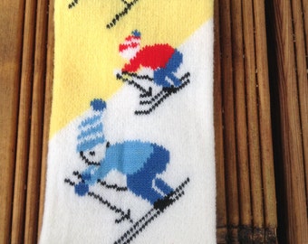 French 1950s Vintage Unisex Kid Infant High Socks - Ski Theme - MADE IN FRANCE - New/Old Stock - 0/1 year