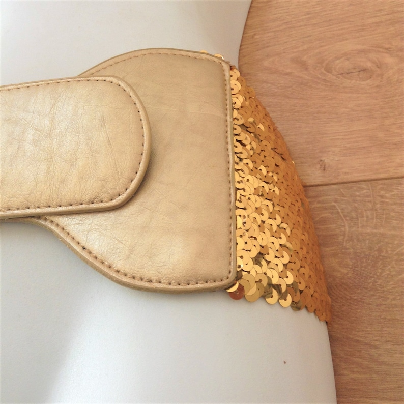 M ! New Eye Catcher Gold Sequins French Women Studio 54 Disco Disco Wide Stretch Belt