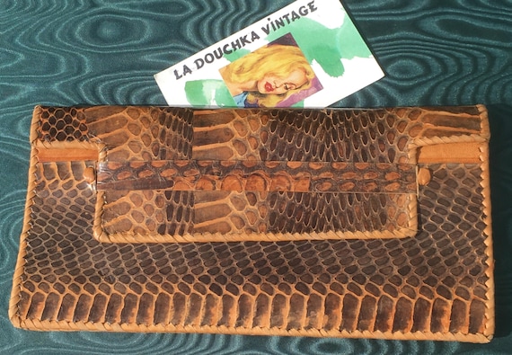 French 1960s Women Clutch Bag HANDBAG ~ Luxurious PYTHON SNAKESKIN Leather ~Handcrafted in France~ New Old Stock : Unused Vintage ~Very Chic