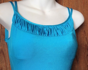 Cute 1970s Women Vintage 1 Piece Bathing Suit Swimsuit Swimwear - Bright Turquoise Blue & Pleated Neckline and Soft Cups - New -US 10/FR 42