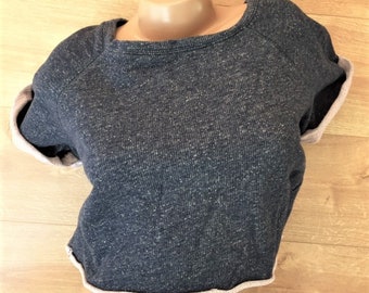 French 1990s Woman Vintage Dance Cropped Sweatshirt - Flecked Blue Soft Cotton & Pink Details  - Made in France - New / Unused - M