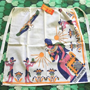 Vintage 1970s Woman Kitchen Waist Tie-Up Apron - Egyptian Toutankamen Theme - Pure Cotton - Made in England - New