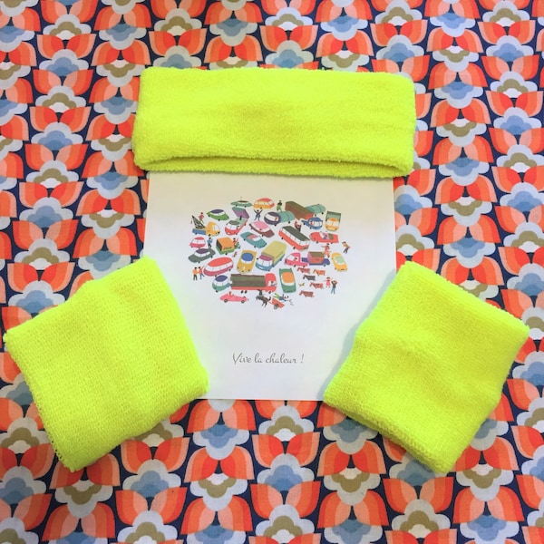 French 1980s Sport Tennis Sweat Wristband & Headband - Neon Fluo Yellow - Soft Terrycloth Cotton - New / Unused Vintage - The perfect gift !
