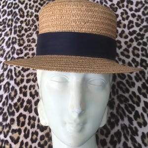 French Edwardian 1900s WOMEN SUMMER HAT~ Boater / Brimmed Design ~ Natural Straw & Navy Blue Silk Ribbon Band / Bow ~ Handmade in France ~ S