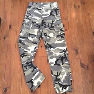 Authentic French Women Vintage Paratrooper Army Multipocket Pants - Gray Camo - Urban Hip Hop Style - Mint - XS/S - W: 27