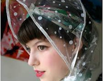 French 1960s Women Waterproof RAIN BONNET / HAT~ Clear Plastic & White Polka Dots ~ Travel/Pocket Size ~Made in France~ New : Unused Vintage