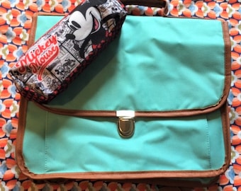 One of the kind Retro Kid School Bag / Satchel Shoulder Bag & Mickey Mouse Pencil Case - Aqua Blue - New Vintage - Be Unique!