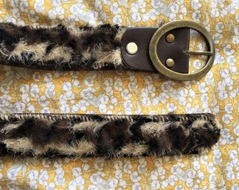 French 1980s Woman Vintage 2.5' Wide Belt - Timeless Leopard Panther Animal Print - Fake Faux Fur - New - M/L