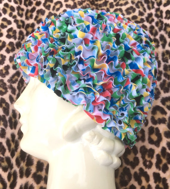 French 1950s / 1960s Women RUFFLED SWIM CAP Hat~ C