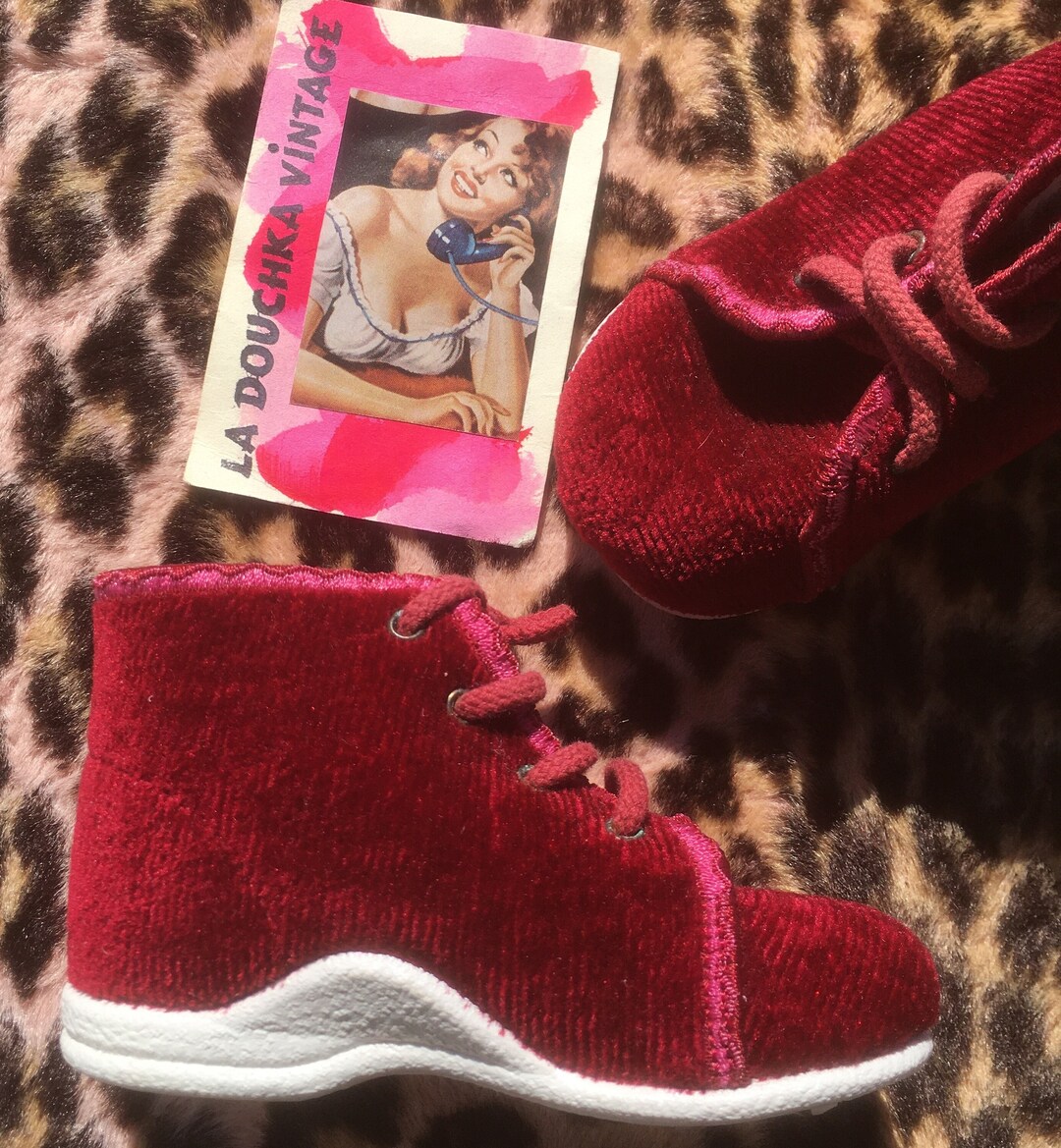 French 1950s BABY / DOLL BOOTS Burgundy Red Velvet Flexible Crepe Rubber Sole Made in France new