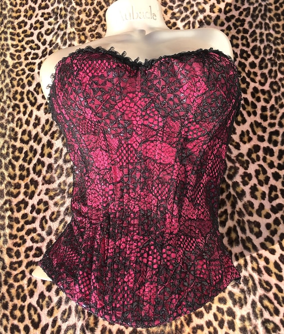Black Bustier Corset 80s Lingerie Bra Top Boned Strapless Sweetheart  Neckline Low Back Rosette Scalloped Vintage 1980s 34a Extra Small Xs 