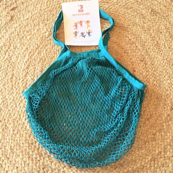 French 1970s Vintage Eco Friendly Grocery Shopping Market Produce Mesh Fishnet String Bag - Turquoise Blue Cotton - Made in France - Unused