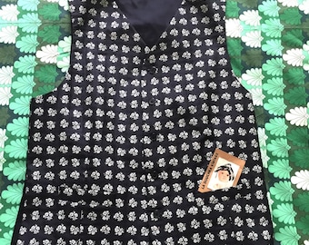 Chaleco de boda vintage francés de los años 80 para hombre con espalda ajustable - Elegante color negro y brocado con diseño floral - Hecho en Francia - Nuevo - Talla M/L