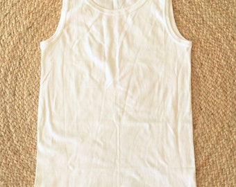 French 1970s Men Vintage Underwear Undershirt Tank Top Muscle Shirt - White Combed Cotton - Stretchable Fabric - Made in France - New - M