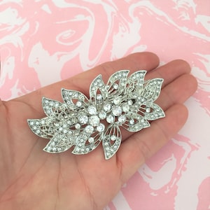 French Woman Vintage Large Hair Clip Barrette - Lovely In Relief Leaf Design & Rhinestones - New