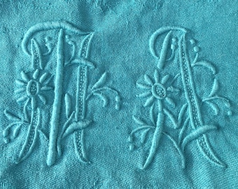 French 1900s LARGE KITCHEN TOWEL~ Green Brocade Metis Linen / Cotton ~ Hand Embroidered N & A Monogram  ~ 31 x 25" ~ Fine Antique