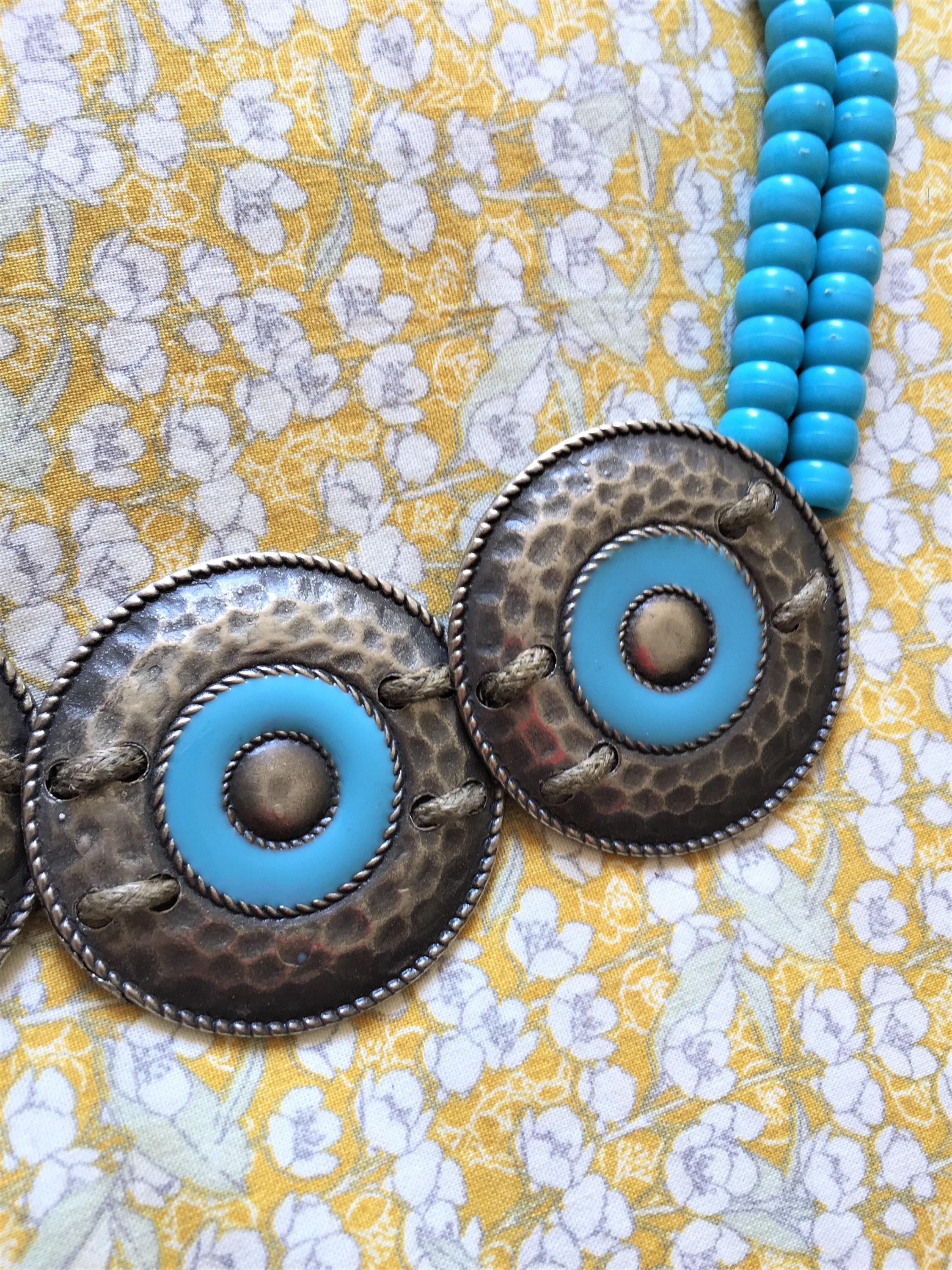 Vintage French Concho Belt: Silver Metal, Turquoise Beads 