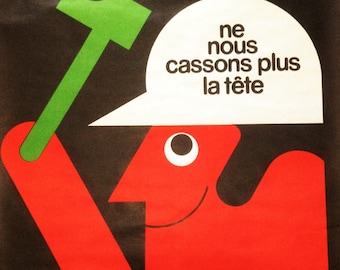 Mensaje francés de seguridad en el trabajo 1970s Chadebec Cartel de la campaña de seguridad industrial - Casco / Protección de la cabeza - Decoración loft - Nuevo - 31.5 x 23.5