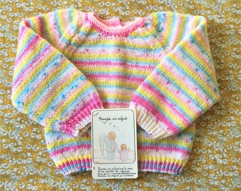 French Baby Girl Cardigan Sweater & Back Button Closure - Handmade / Hand Knitted Flecked Rainbow Wool - Soft Wool - Unused New - Newborn