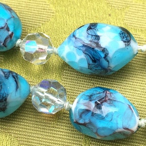 French 1930s Women FLAPPER LONG NECKLACE~ Blue Marbled Czech Glass Beads & Faceted Clear Czech Glass Beads ~Made in France~Perfect Condition