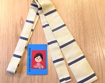 French 1960s Men Vintage Necktie with Square End - Chic Light Yellow & Navy Blue Stripes Design - Made in France - New/Old Stock