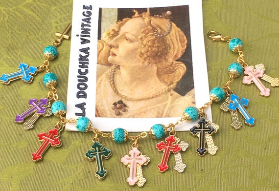 French 1950s RELIGIOUS CHARM BRACELET~ 19 Cross Charms ~ Colourful 