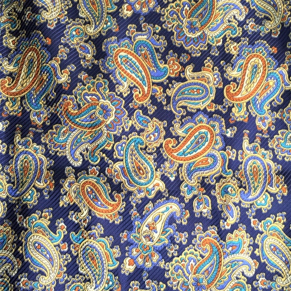 French 1970s Men Vintage Winter Long Scarf - Chic Navy Blue Paisley Print & Fringes - Warm Fleece Lining - Made in France - New - 58 x 10.5