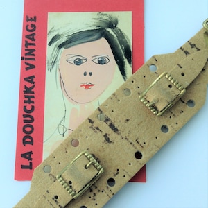 French 1960s One Piece Wide Hand Tooled Watch Band Bracelet & Gold Buckles - Printed Cork Look Leather - MADE IN FRANCE - New - 10 mm