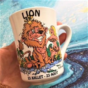 French 1980s Vintage Zodiac Astrological Mug - Lion - Colourful Sexy Woman with Lion - Signed - Made in France - New