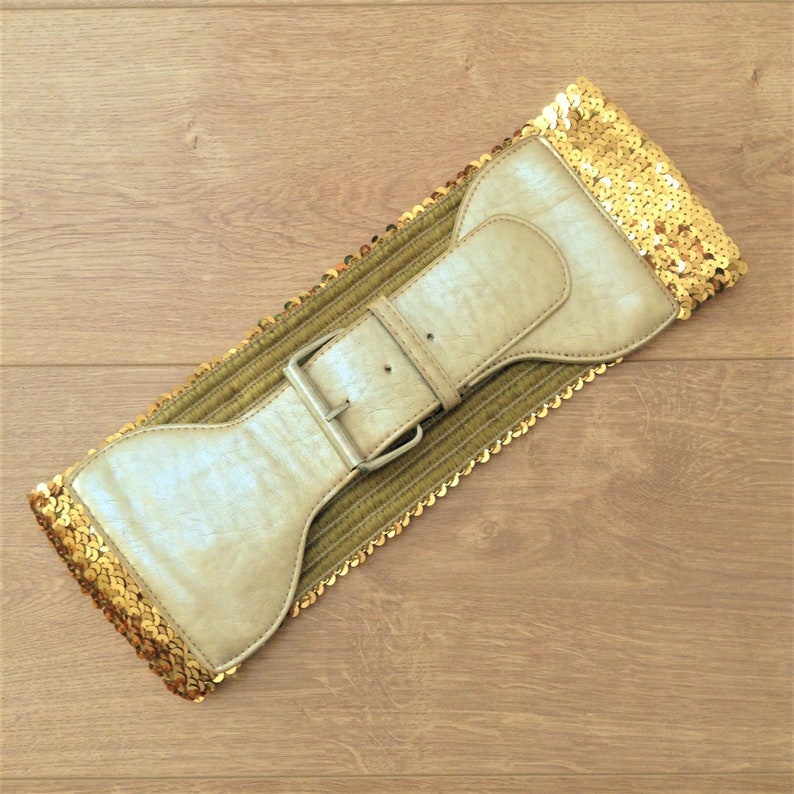 M ! New Eye Catcher Gold Sequins French Women Studio 54 Disco Disco Wide Stretch Belt
